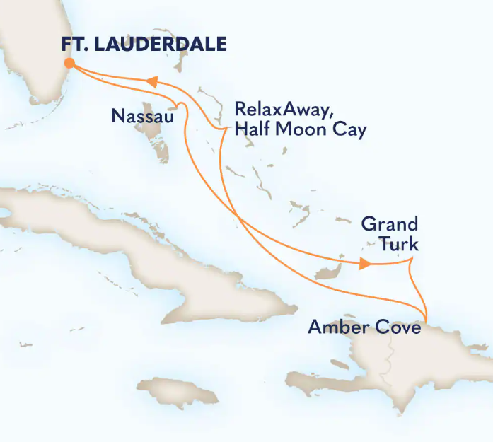 Holland America Eurodam 7-night Eastern Caribbean itinerary map — Fort Lauderdale, Half Moon Cay, Amber Cove, Grand Turk, and San Juan